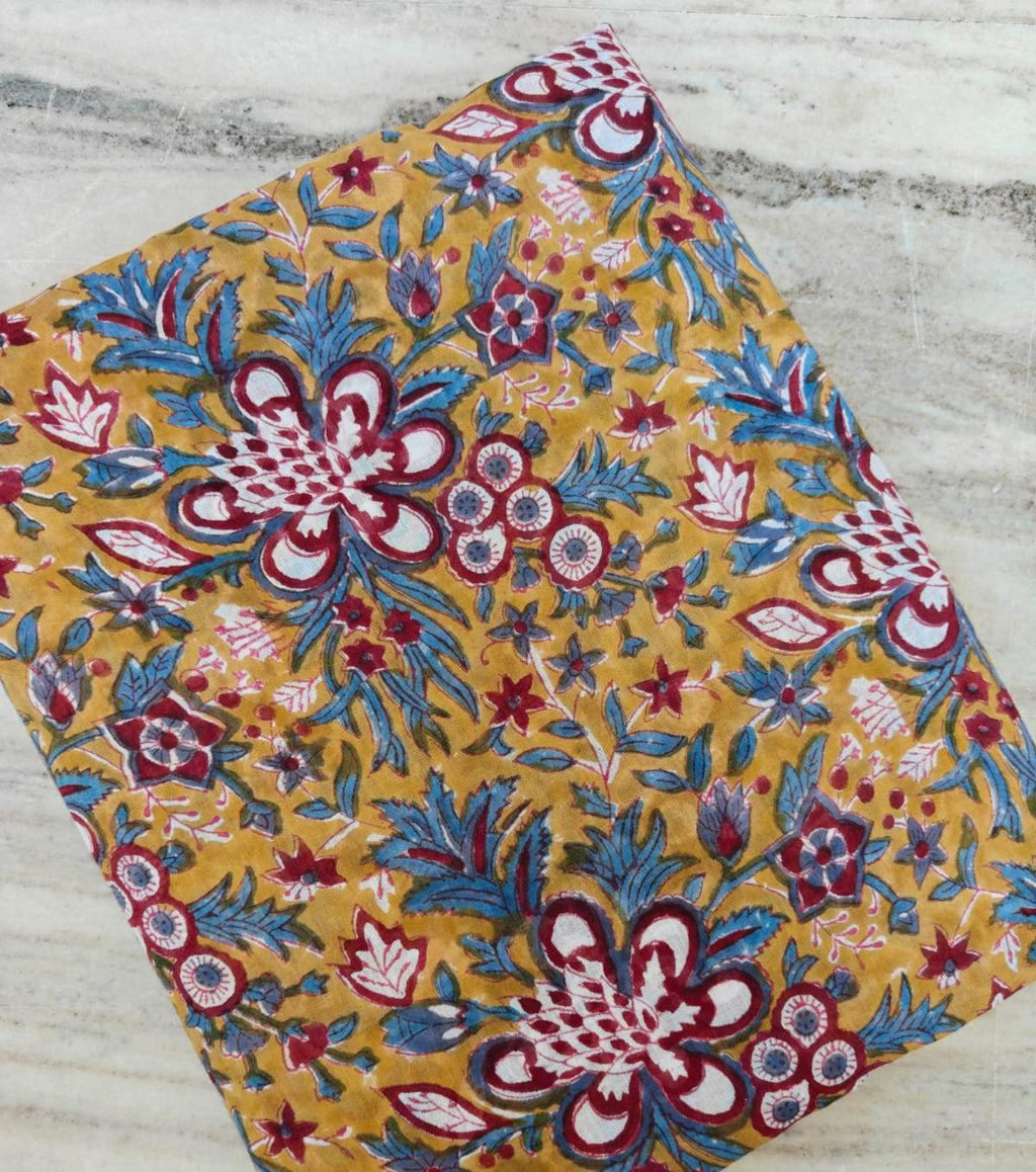 Mustard Floral Cotton Fabric by the Yard, Indian Block Print Fabric, Teal and Maroon Flower Print, Boho Craft Sewing, Loose Running Fabric