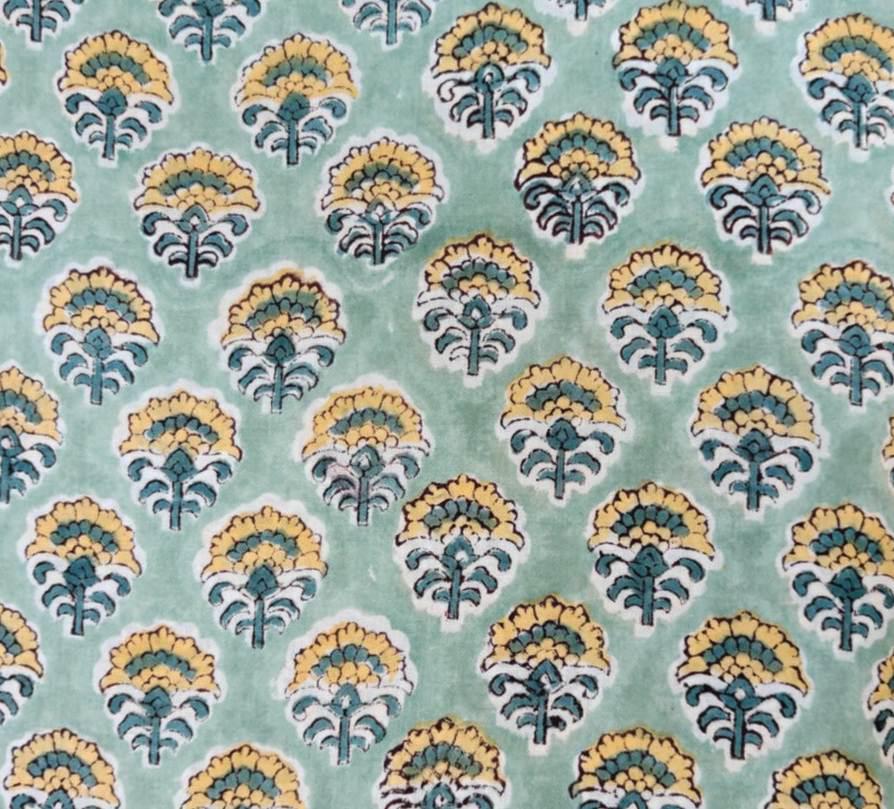 Mint Green Floral Cotton Fabric by the Yard, Hand Block Print Indian Fabric, Soft Cotton Material for Quilting, Sewing, Dressmaking Fabric
