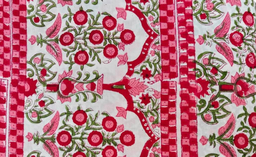 Red Pink Floral Cotton Fabric – Indian Block Print Style – Pomegranate Vine & Check Border – Quilting Dressmaking Craft Fabric by the Yard