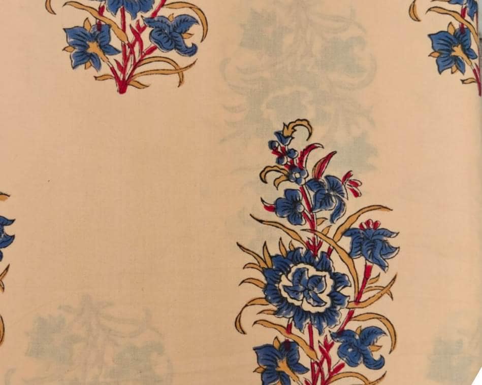 Peach and Blue Indian Hand Block Print Fabric, Floral 100% Cotton Quilting Fabric By The Yard, Fabric For Dress Making, Loose Running Fabric