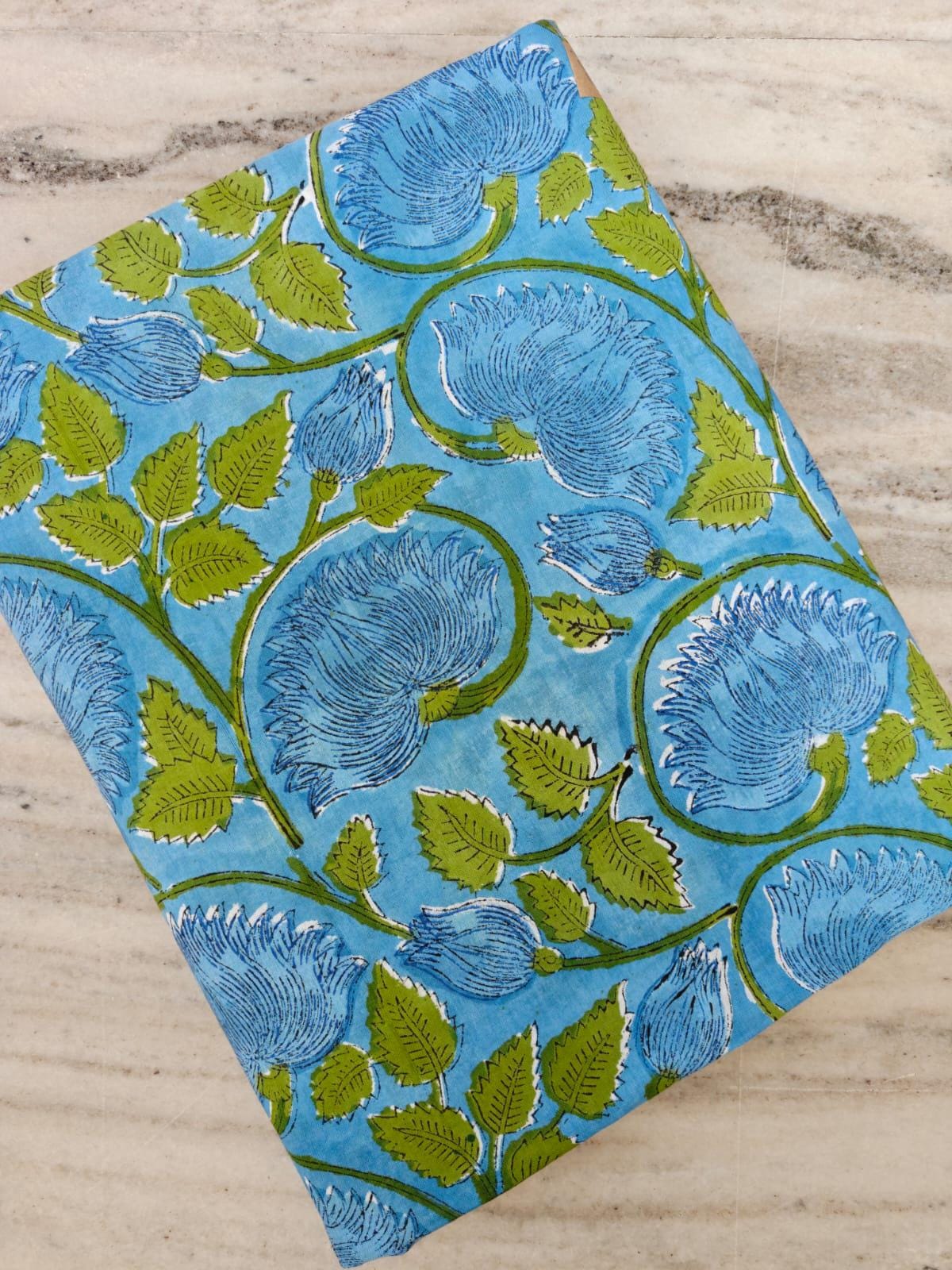 Blue Floral Cotton Fabric by the Yard, Hand Block Print Fabric, Indian Cotton Textile, Botanical Vine Print Quilting Dressmaking Fabric