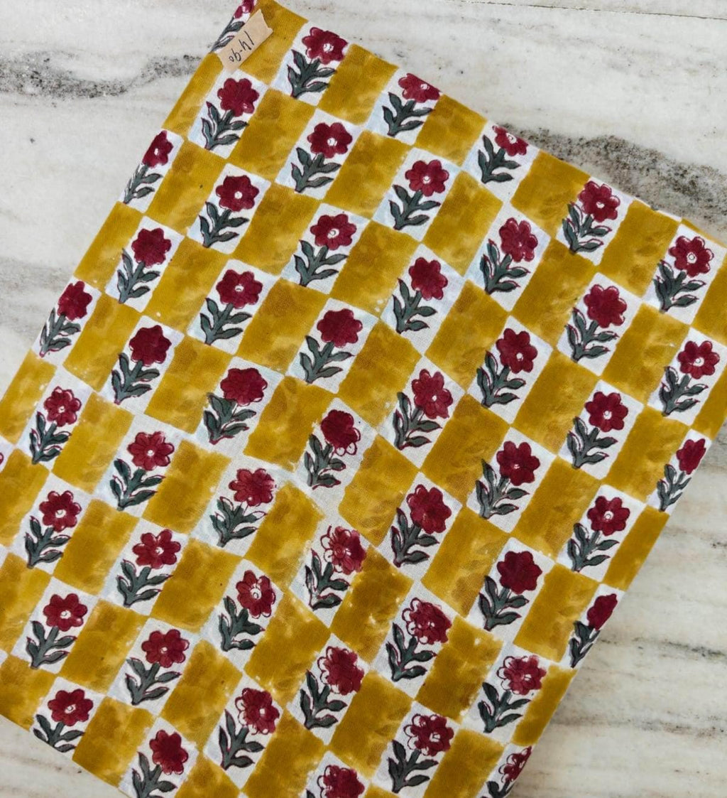 Mustard Yellow Checkered Floral Cotton Fabric, Hand Block Print Fabric, Red Flower Indian Cotton, Geometric Floral Textile, Sewing Fabric