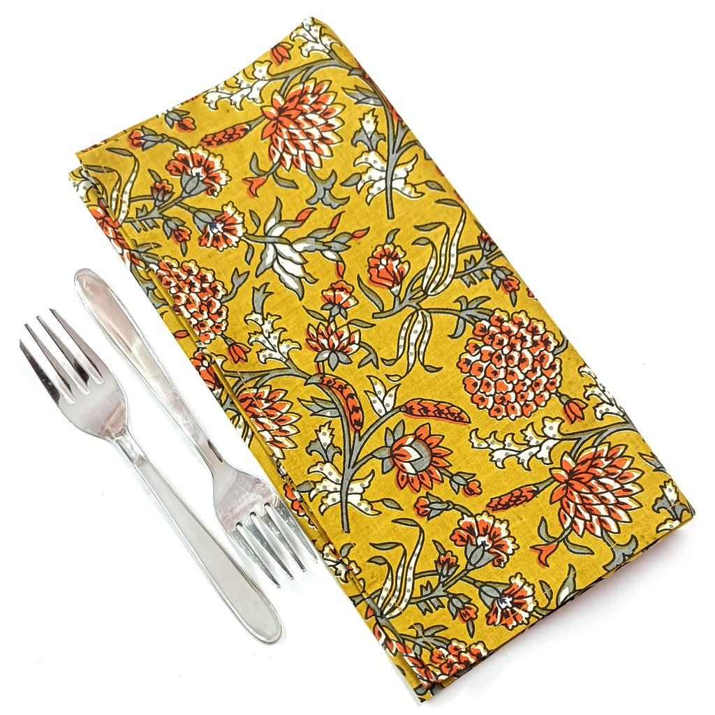 Yellow Floral Block Print Cotton Napkins: Scalloped Dinner Napkins (Set of 4)