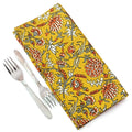 Yellow Floral Block Print Cotton Napkins: Scalloped Dinner Napkins (Set of 4)