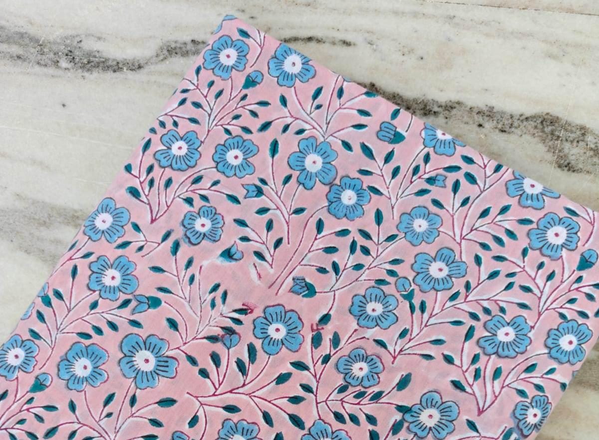 Pink Blue Designer Hand Block Print Fabric, Floral 100% Cotton Quilting Fabric By The Yard, Fabric For Dress Making, Loose Running Fabric