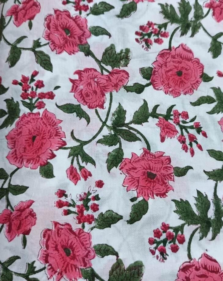 Pink Color Indian Hand Block Print Fabric, Floral 100% Cotton Quilting Fabric By The Yard, Fabric For Dress Making, Loose Running Fabric