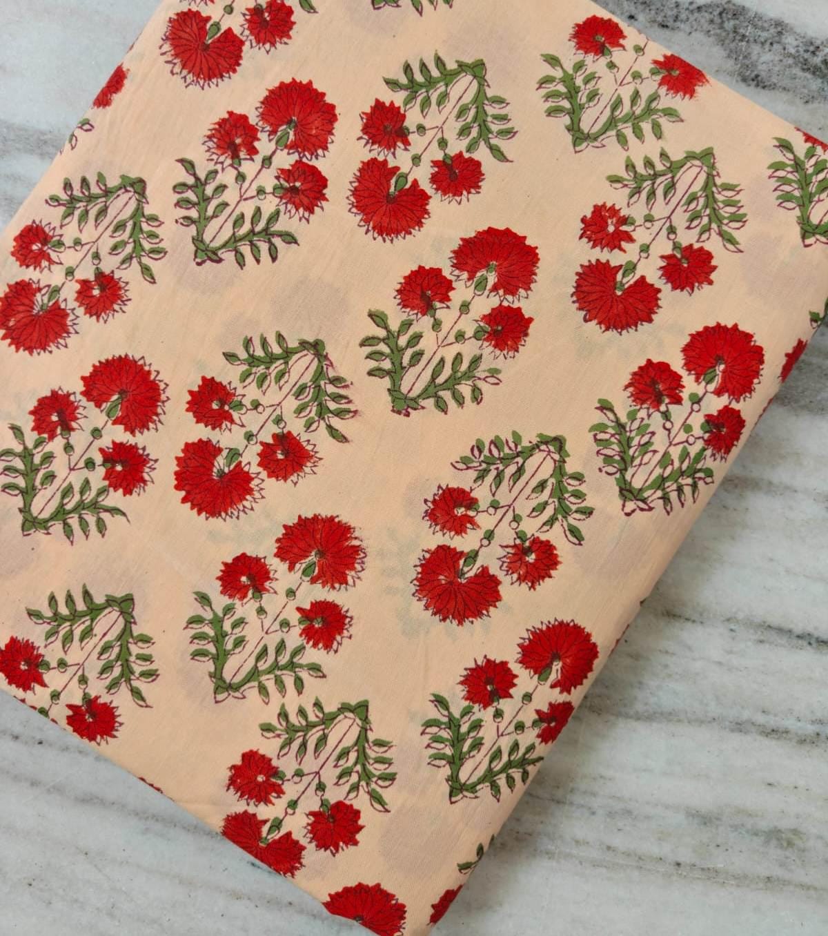 Red Floral Cotton Fabric by the Yard, Red Flower and Olive Green Print Fabric, Traditional Floral Pattern for Dresses, Curtains, Quilts