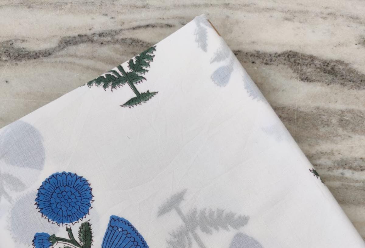 White Cotton Fabric with Blue Floral Print | Handmade Indian Block Print Fabric by the Yard | Soft Cotton for Quilting, Sewing, Dressmaking