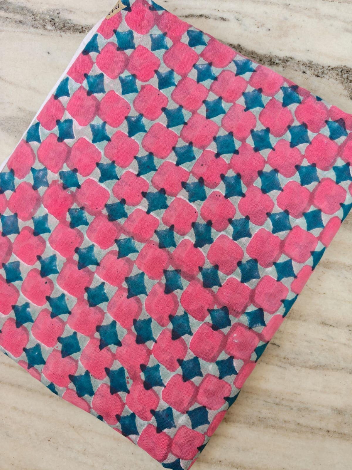Pink Blue Geometric Cotton Fabric, Hand Block Print Fabric, Indian Cotton Textile, Soft Lightweight Fabric, Dressmaking Fabric By The Yard