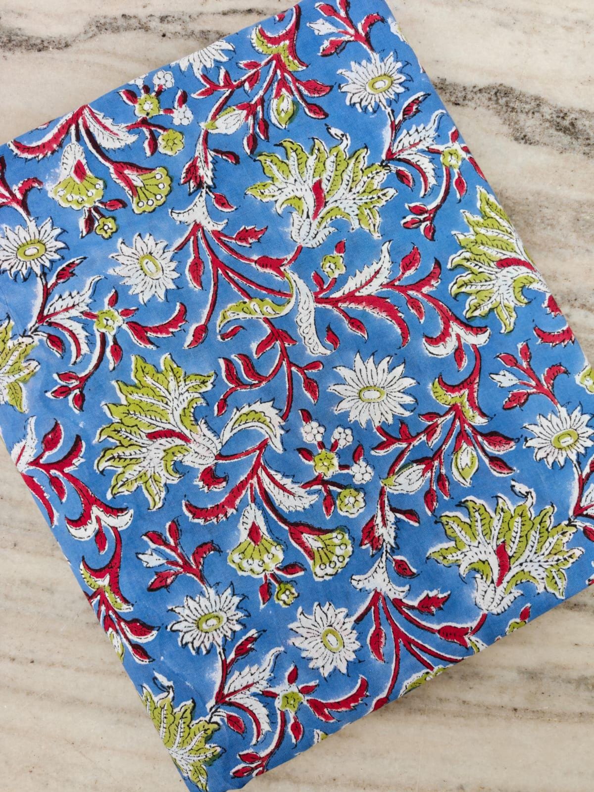 New Arrival Blue Floral Cotton Fabric, Hand Block Print Fabric, Indian Cotton Fabric by Yard, Vintage Floral Print, Dressmaking Fabric