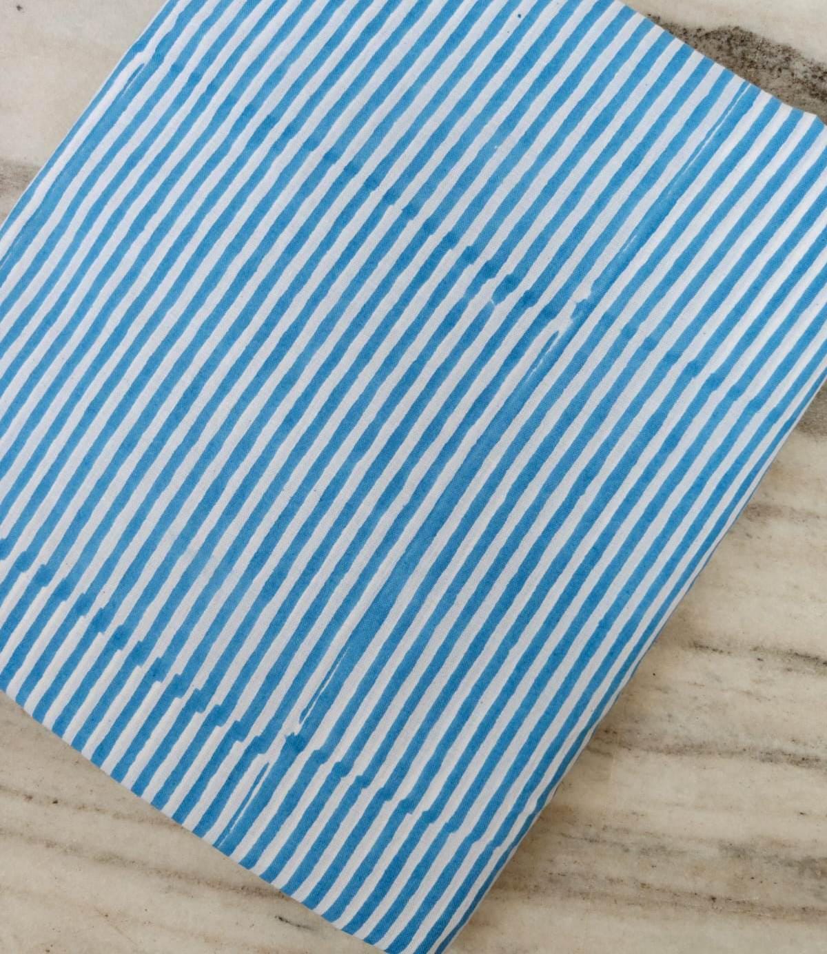 Blue and White Striped Cotton Fabric, Hand Block Print Textile, Soft Lightweight Cotton, Craft Fabric, Dressmaking Material, By the Yard