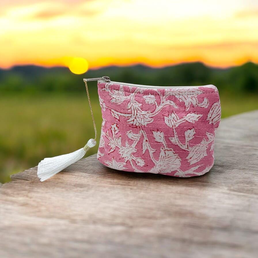 Personalized Mini Quilted Pouch | Pink Floral Block Print | Small Zipper Bag with Tassel | Fabric Pouch | Block Print Accessory Bag