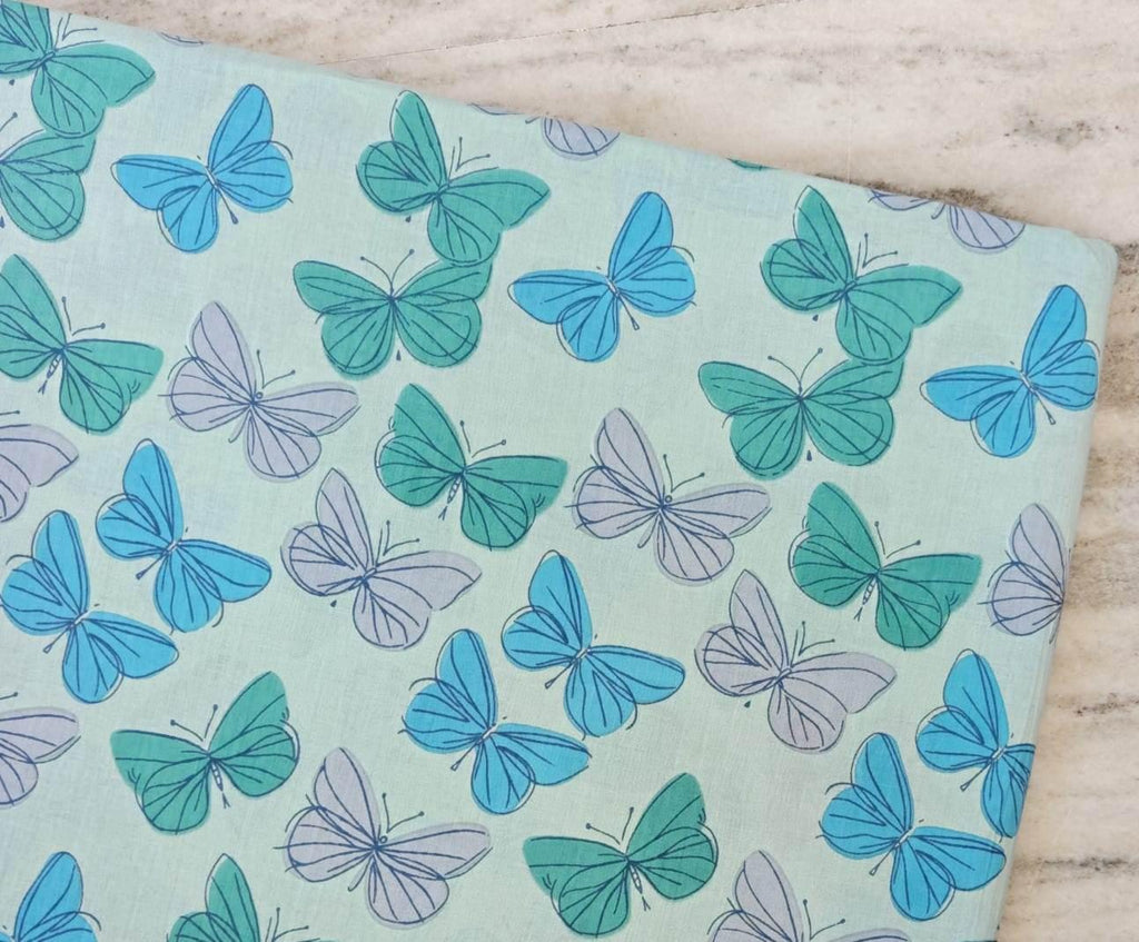 Butterfly Cotton Fabric by the Yard, Blue & Teal Butterflies on Mint Green Background, Quilting Sewing Craft Dressmaking Running Fabric