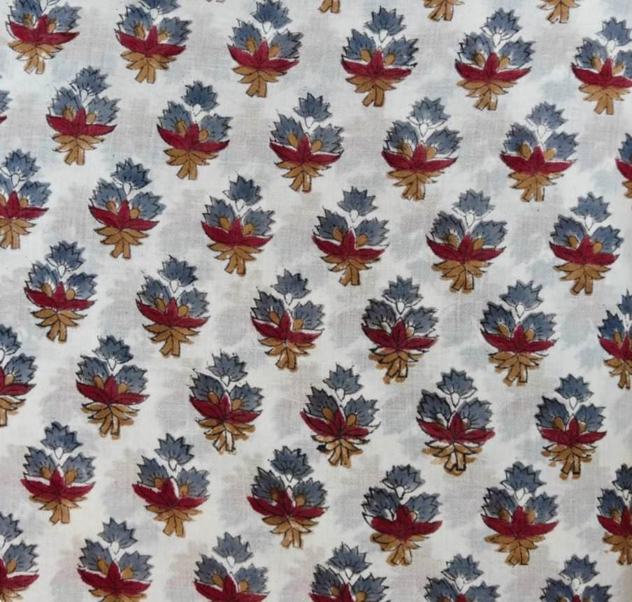 Hand Block Print Cotton Fabric, Red & Blue Floral Buti on White, Lightweight Indian Cotton for Dressmaking, Quilting Sewing Projects