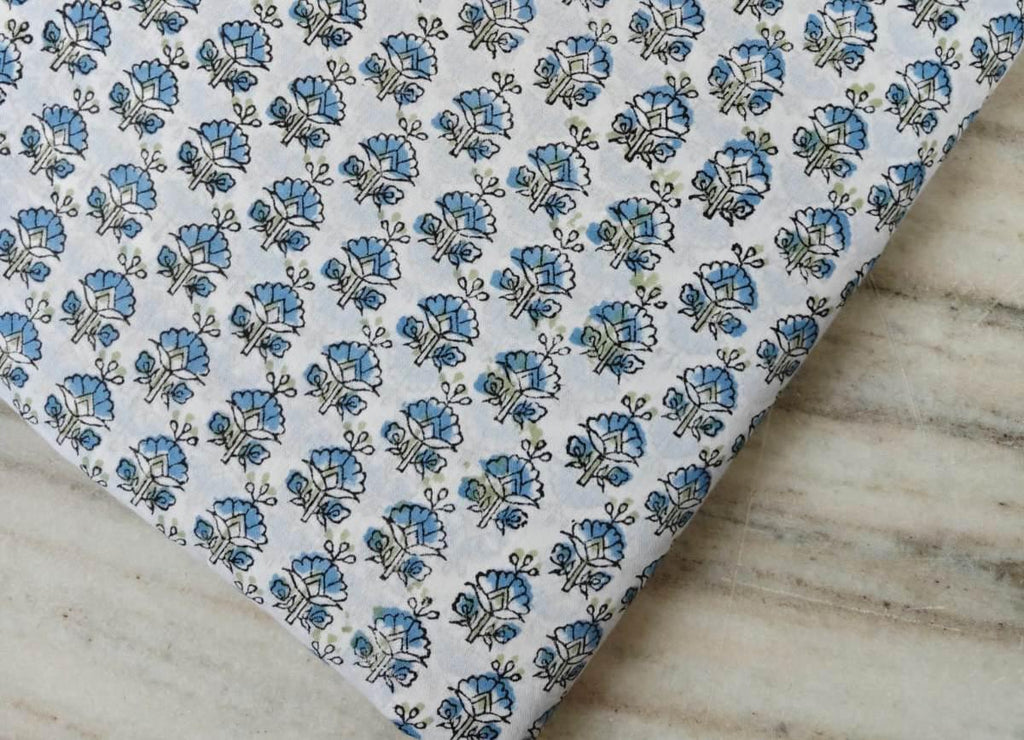 Soft Cotton, White Cotton Fabric with Small Blue Floral Print, Hand Block Print Cotton by the Yard, Fabric for Loose Running, Textile Fabric