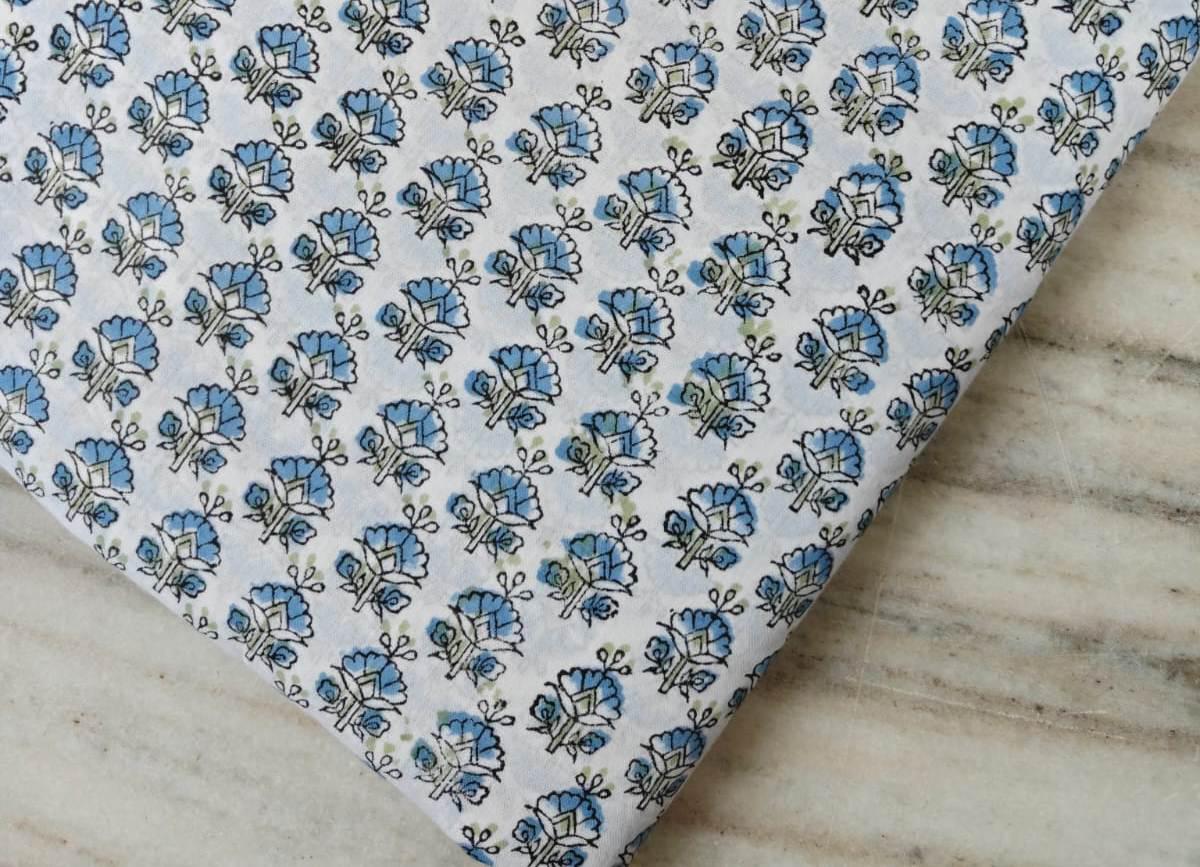 Soft Cotton, White Cotton Fabric with Small Blue Floral Print, Hand Block Print Cotton by the Yard, Fabric for Loose Running, Textile Fabric