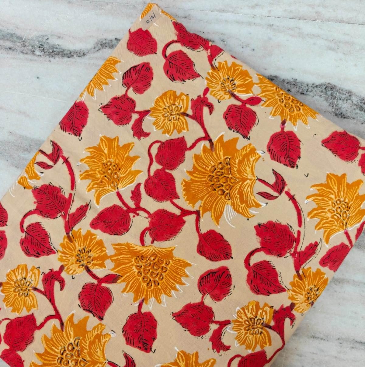 Mustard Yellow Red Floral Block Print Cotton Fabric, Retro Design Yellow Paisley Indian Hand Block Fabric by the Yard Soft Upholstery Fabric