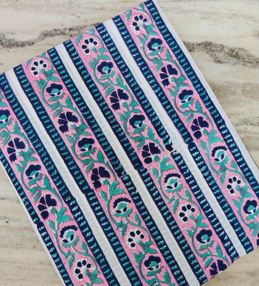 Pink Striped Floral Cotton Fabric, Indian Block Print Fabric by Yard, Boho Stripe Flower Fabric, Quilting Sewing Craft Dressmaking Fabric
