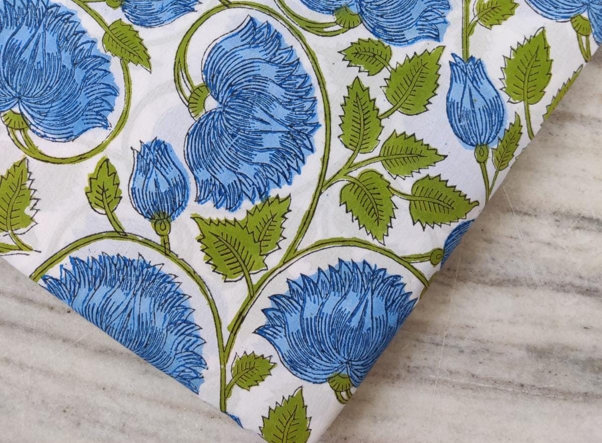 Beautiful Designer Keri Print Indian Hand Block Cotton Fabric by the Yard, 100% Soft Cotton Fabric for Dressmaking, Loose Running Fabric