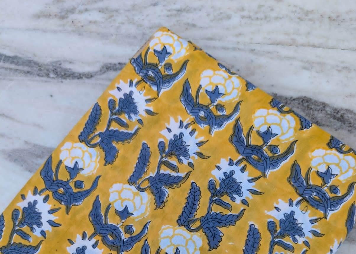 Yellow Floral Block Print Cotton Fabric | Blue & White Hand Block Print Material | Sewing, Quilting, Dressmaking Fabric by the Yard