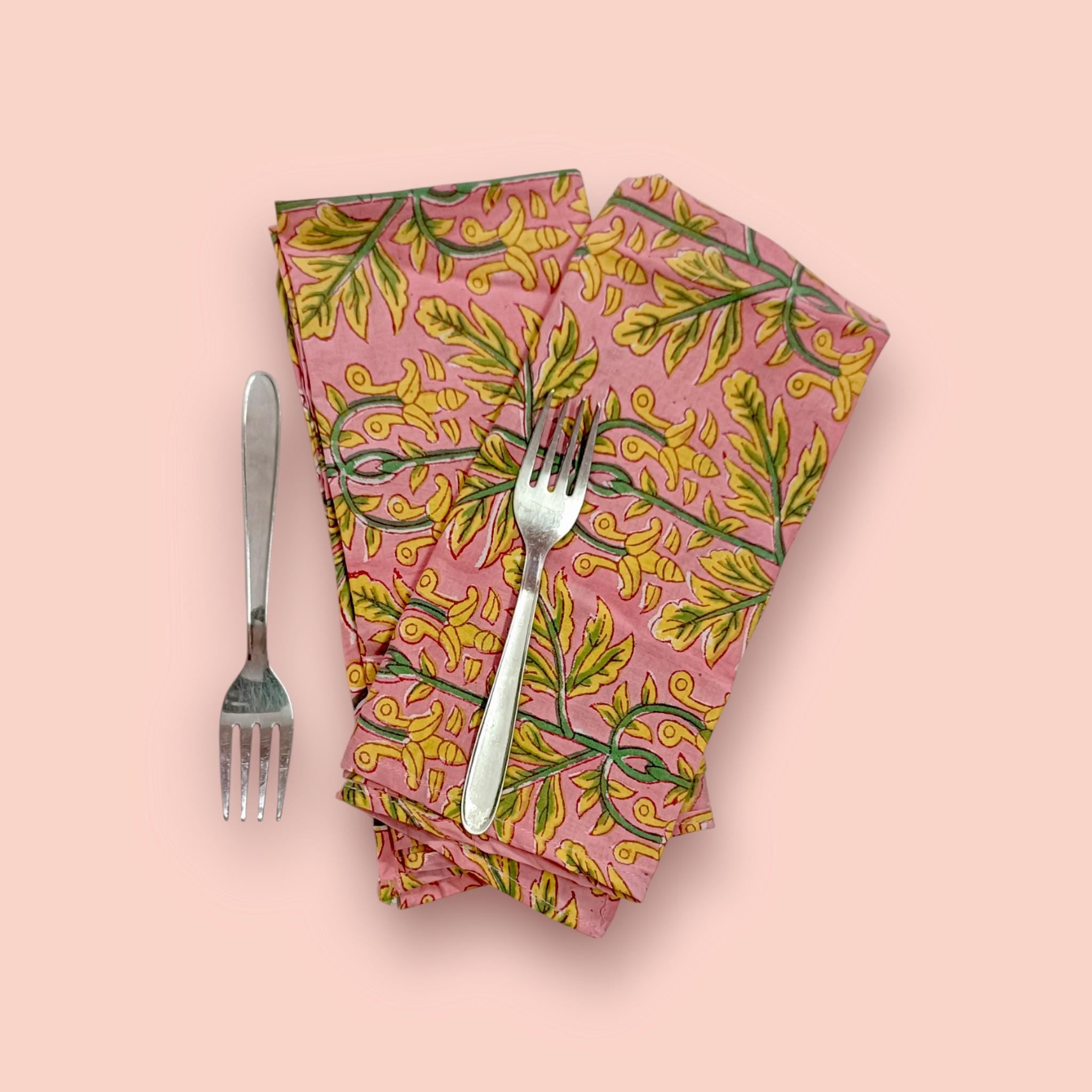 Pink Cotton Napkins with Yellow Green Floral Print | Hand Block Print Cloth Napkins | Reusable Dinner Napkins for Table Decor Dining