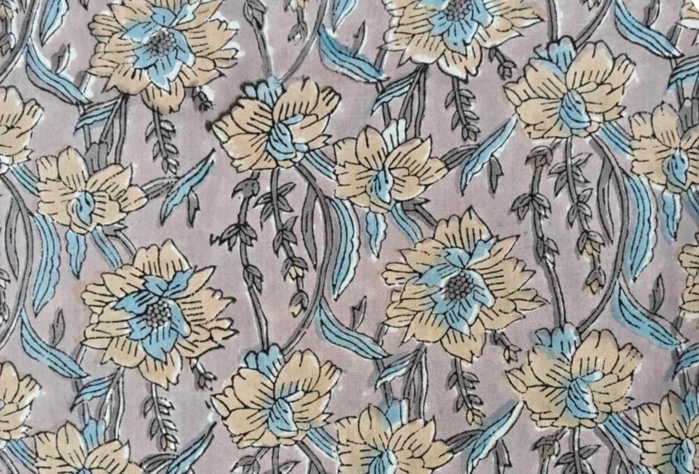 Purple Floral Cotton Fabric, Hand Block Print Fabric by the Yard, Indian Soft Cotton Yellow Blue Flowers for Quilting, Sewing, Dressmaking