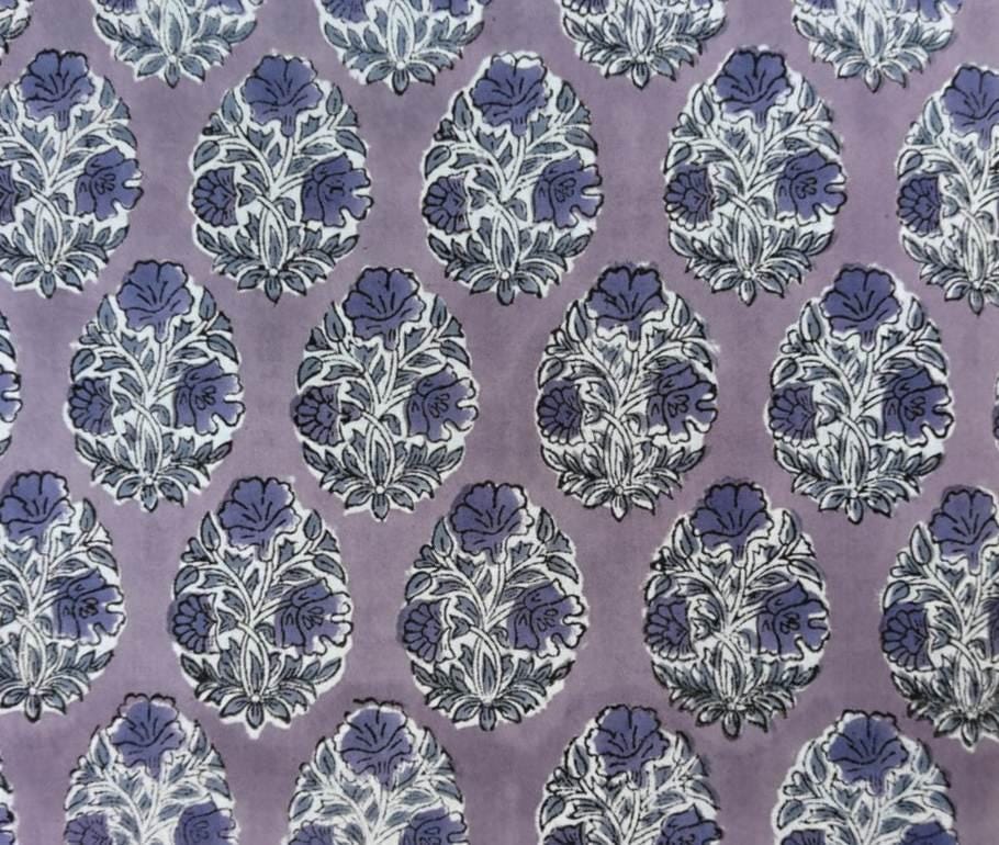 Lavender Floral Block Print Cotton Fabric, Hand Block Printed Indian Cotton, Purple Blue Floral Fabric, Quilting Sewing Craft Fabric by Yard
