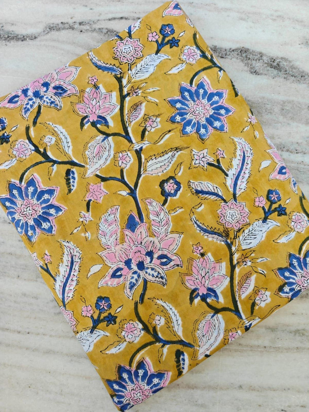 Mustard Yellow Floral Cotton Fabric by the Yard, Pink Blue Block Print Fabric, Hand Block Print Cotton, Boho Dressmaking & Quilting Fabric