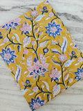 Mustard Yellow Floral Cotton Fabric by the Yard, Pink Blue Block Print Fabric, Hand Block Print Cotton, Boho Dressmaking & Quilting Fabric