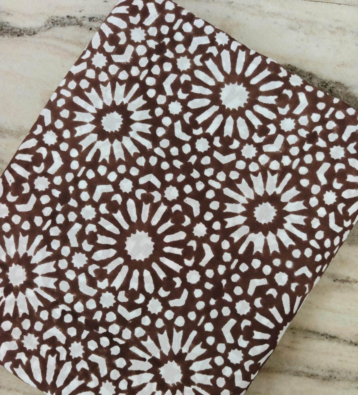 Brown White Geometric Cotton Fabric, Indian Block Print Fabric, Mandala Floral Pattern, Boho Fabric by Yard, Quilting Sewing Craft Material