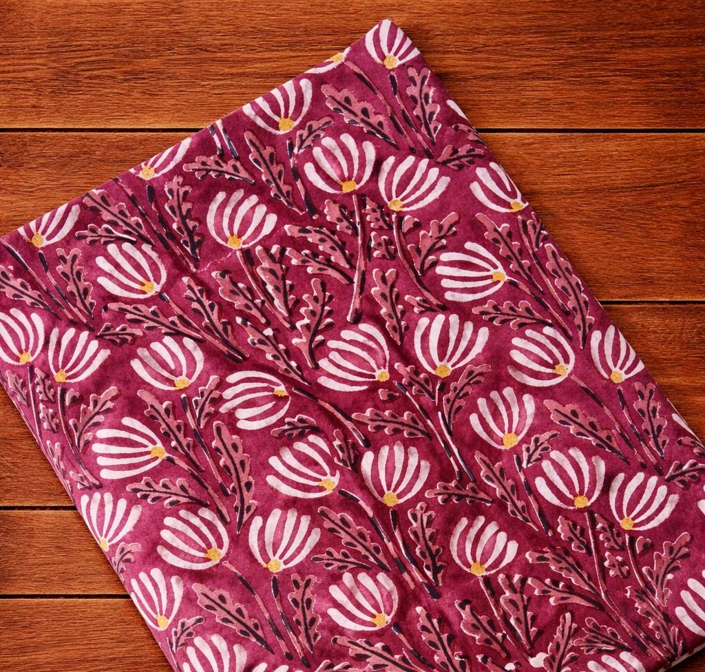 Pink Indian Hand Block Print Fabric, Floral 100% Cotton Quilting Fabric By The Yard, Fabric For Dress Making, Loose Running Fabric