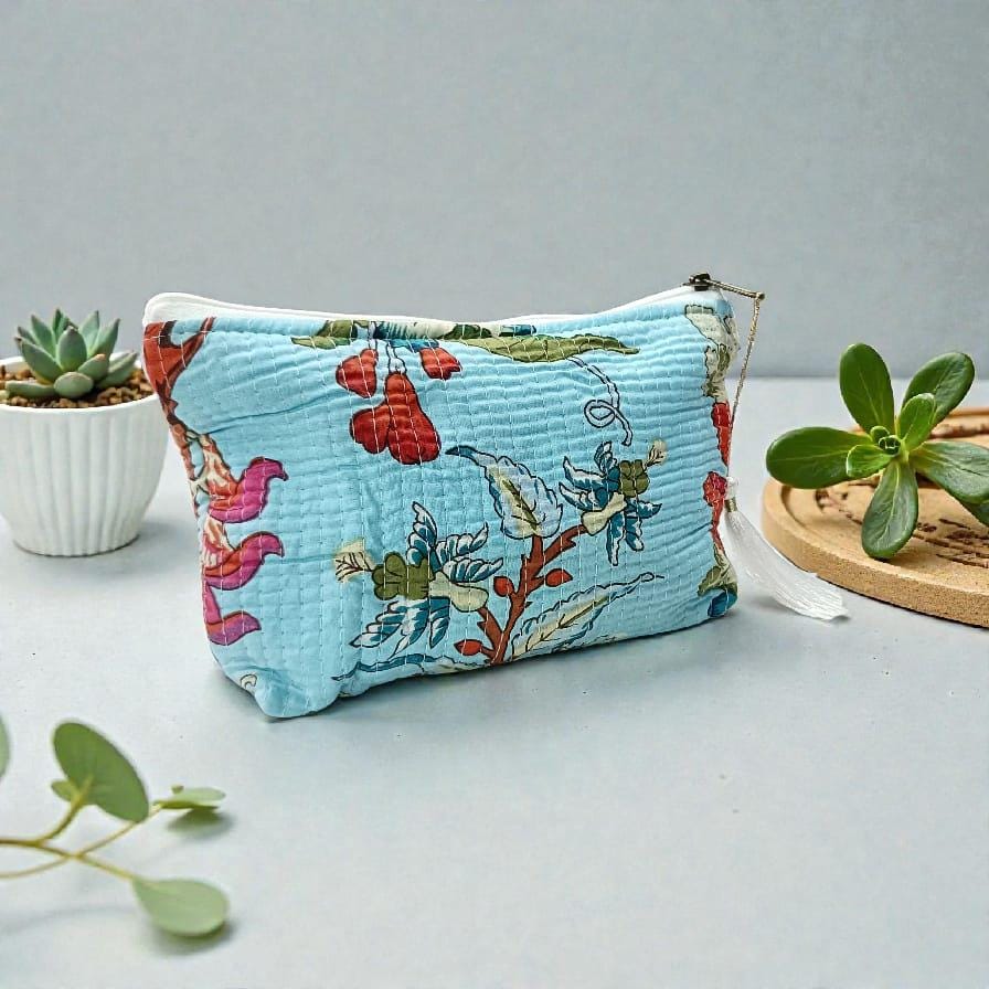 Floral Kantha Quilt Pouch | Blue Zipper Cosmetic Bag | Travel Toiletry Pouch | Waterproof Bags | Tassel Zipper Bags