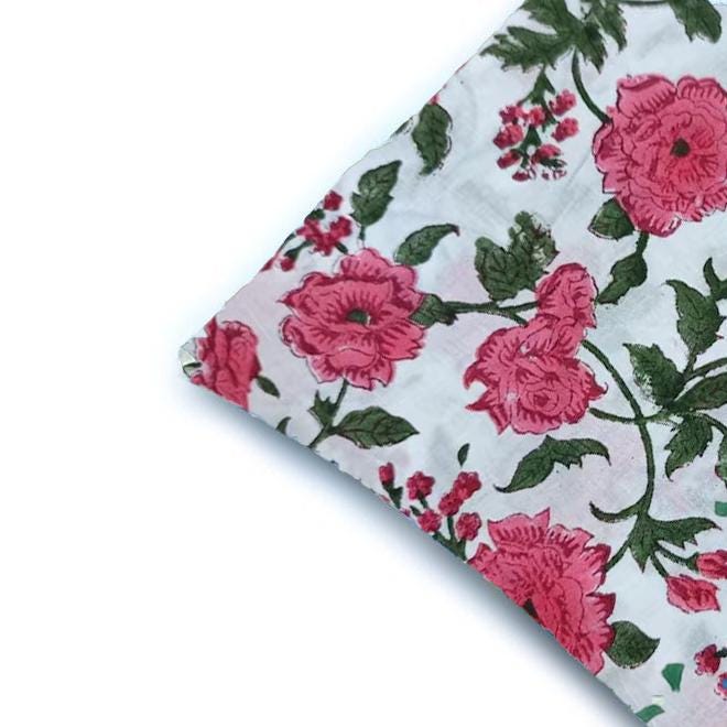 White Cotton Cushion Cover with Pink Floral Print | Hand Block Print Pillow Cover | Indian Decorative Cushion | Sofa & Bed Home Decor
