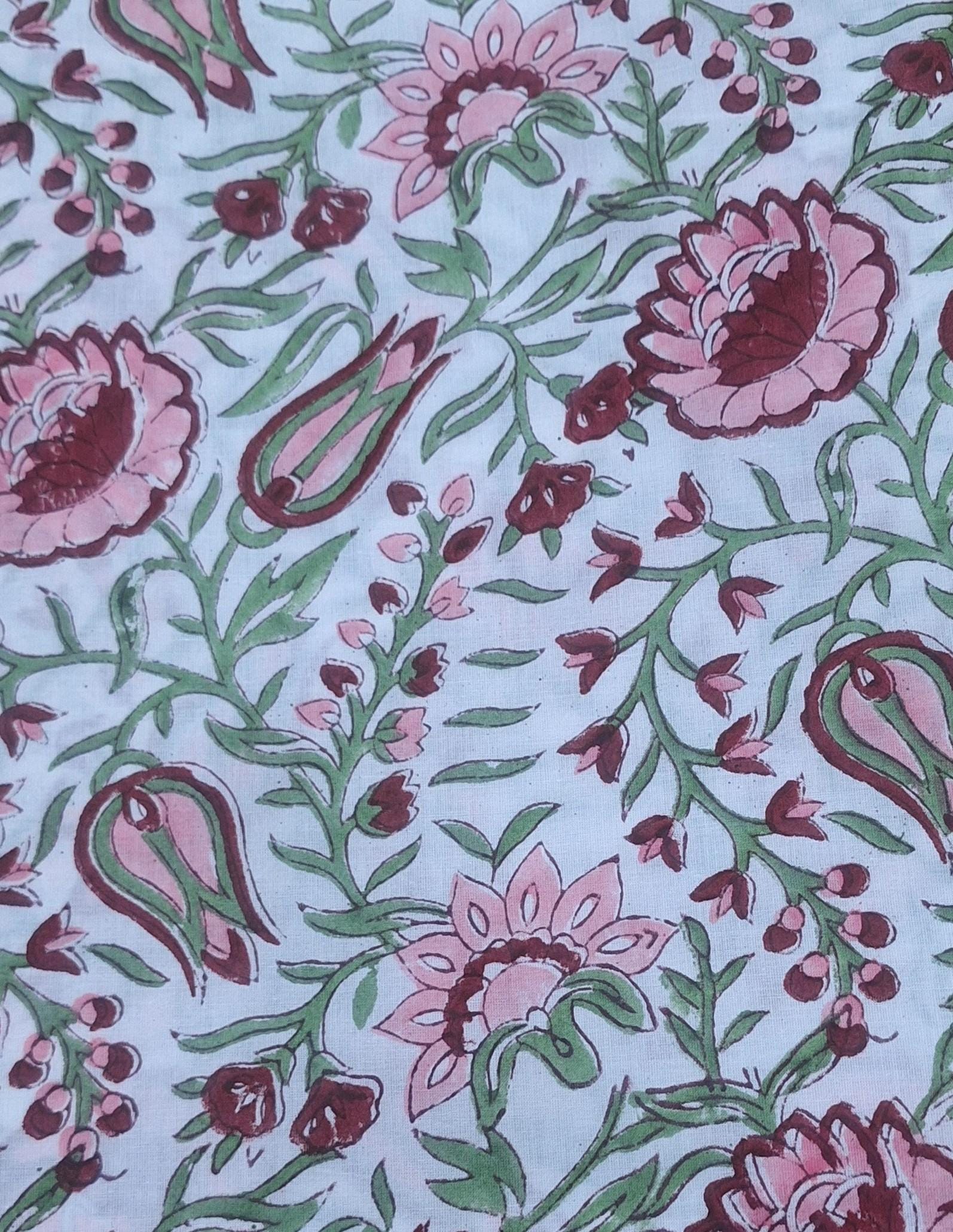 Pink Floral Cotton Fabric, Hand Block Print Indian Cotton, Soft Lightweight Fabric for Dressmaking, Quilting, Sewing & DIY Crafts