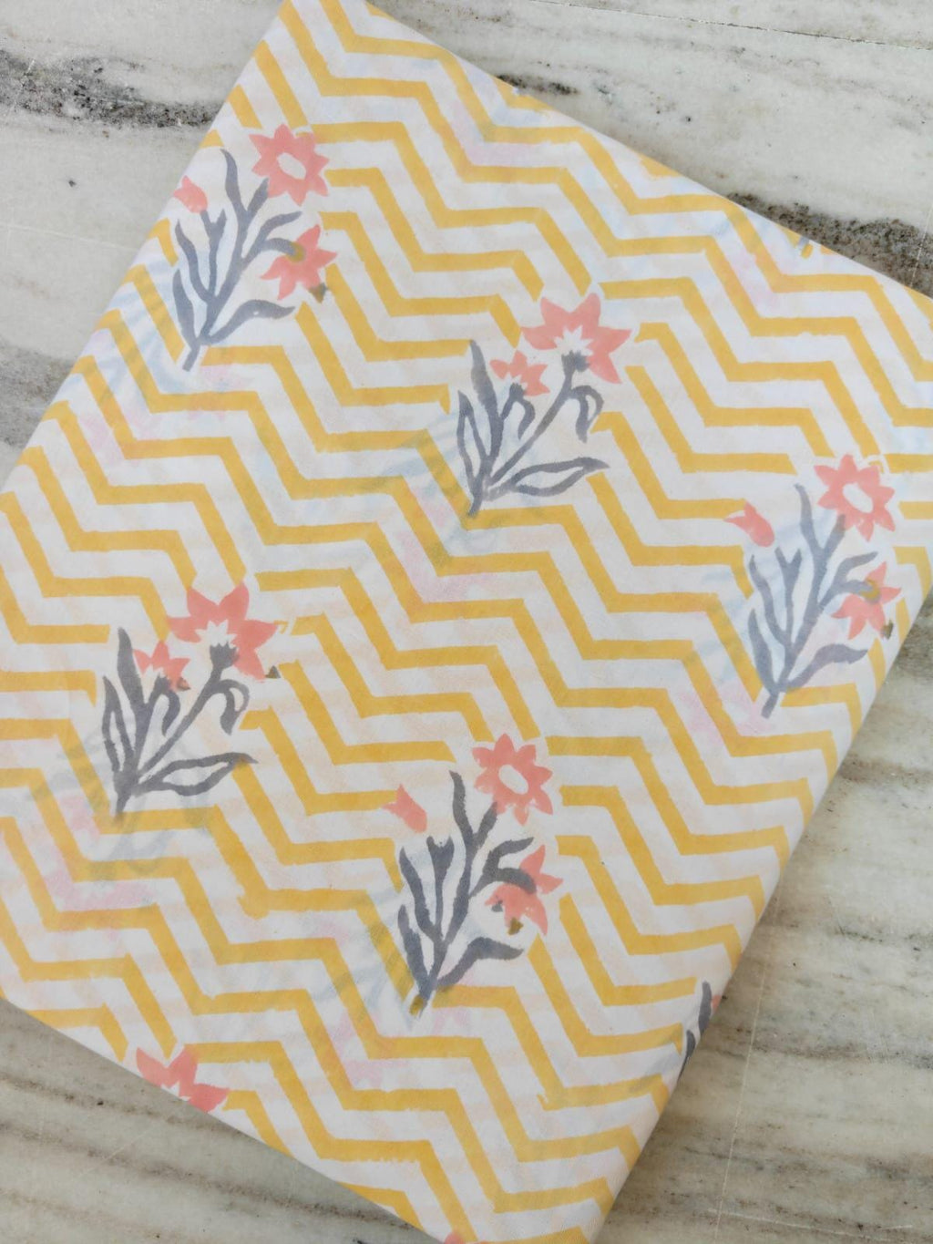 Yellow Chevron Floral Cotton Fabric | Indian Block Print Cotton Fabric | Mustard Zig Zag Fabric | Craft Fabric | Dressmaking Cotton Fabric