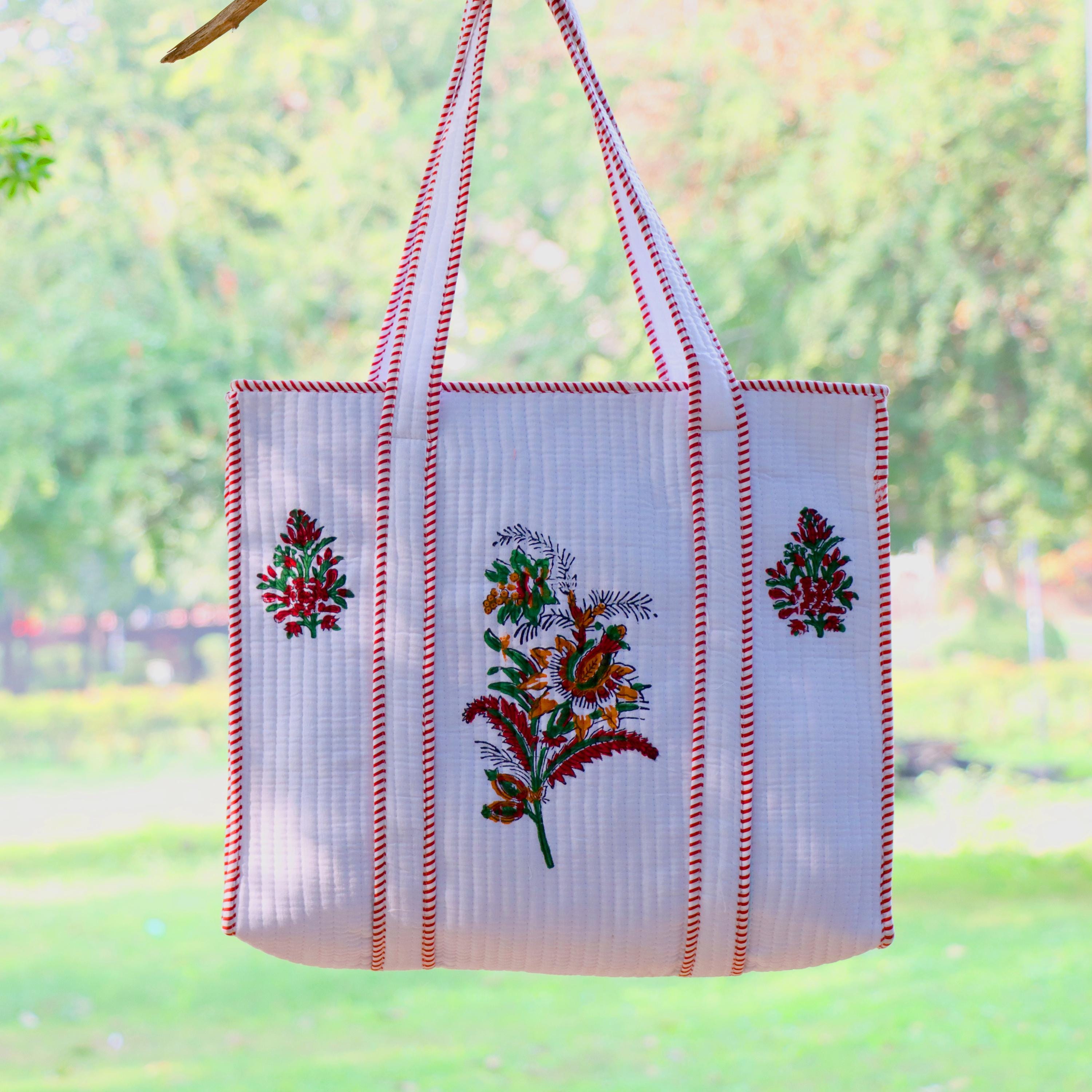 Floral Cotton Tote Bag, Handmade Boho Shoulder Bag, Eco Friendly Reusable Shopping Tote for Women
