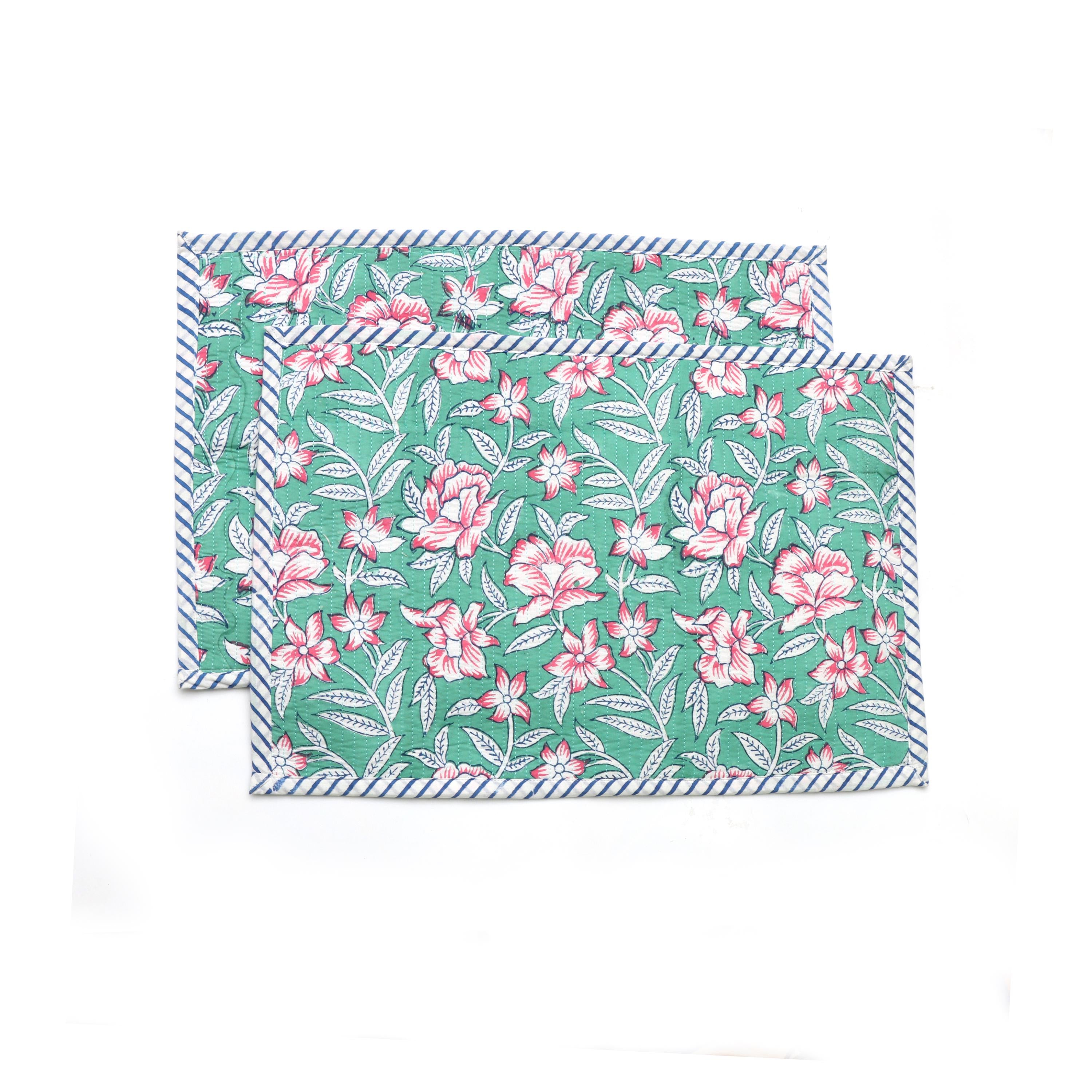 Floral Block Print Placemats Set, Hand Block Printed Cotton Table Mats, Blue Stripe Border, Pink Botanical Dining Decor, Handmade Placement