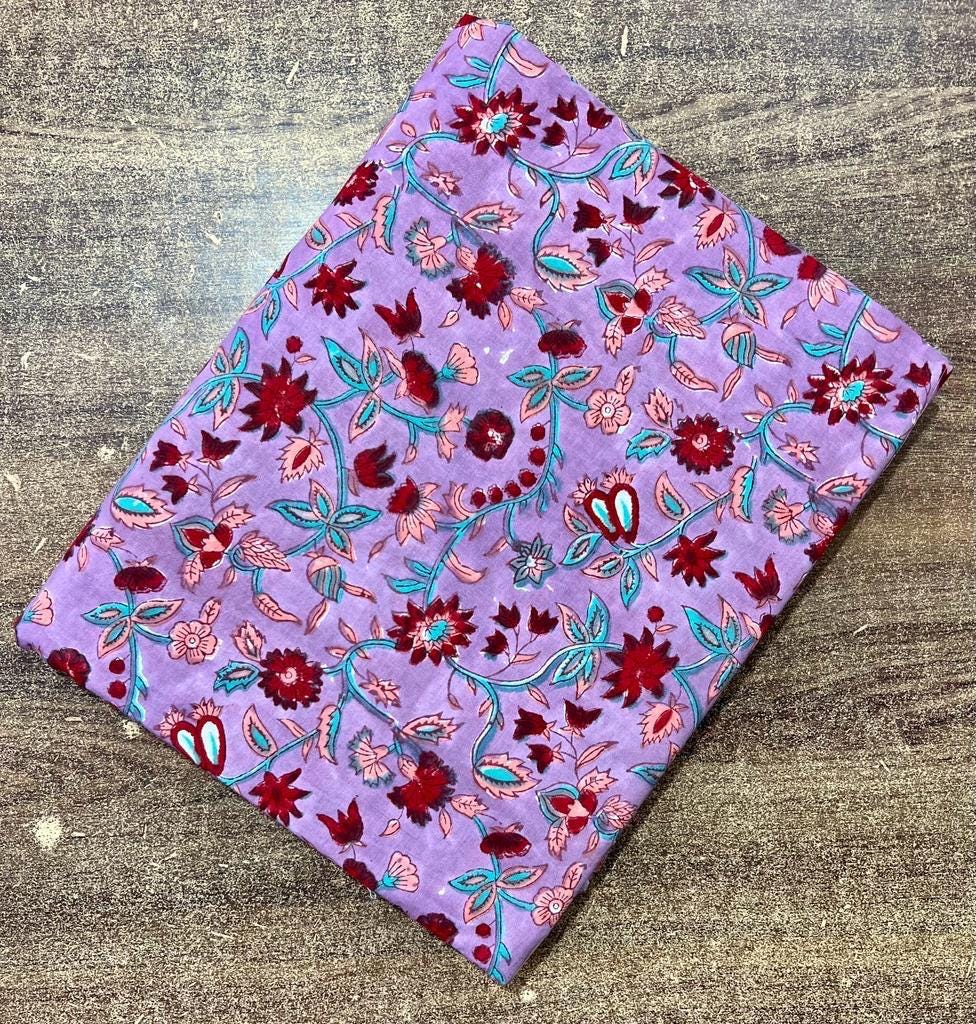 Purple Floral Cotton Fabric | Hand Block Print Cotton Fabric Fabric by The Yard | Indian Printed Cotton for Sewing, Quilting, Dressmaking
