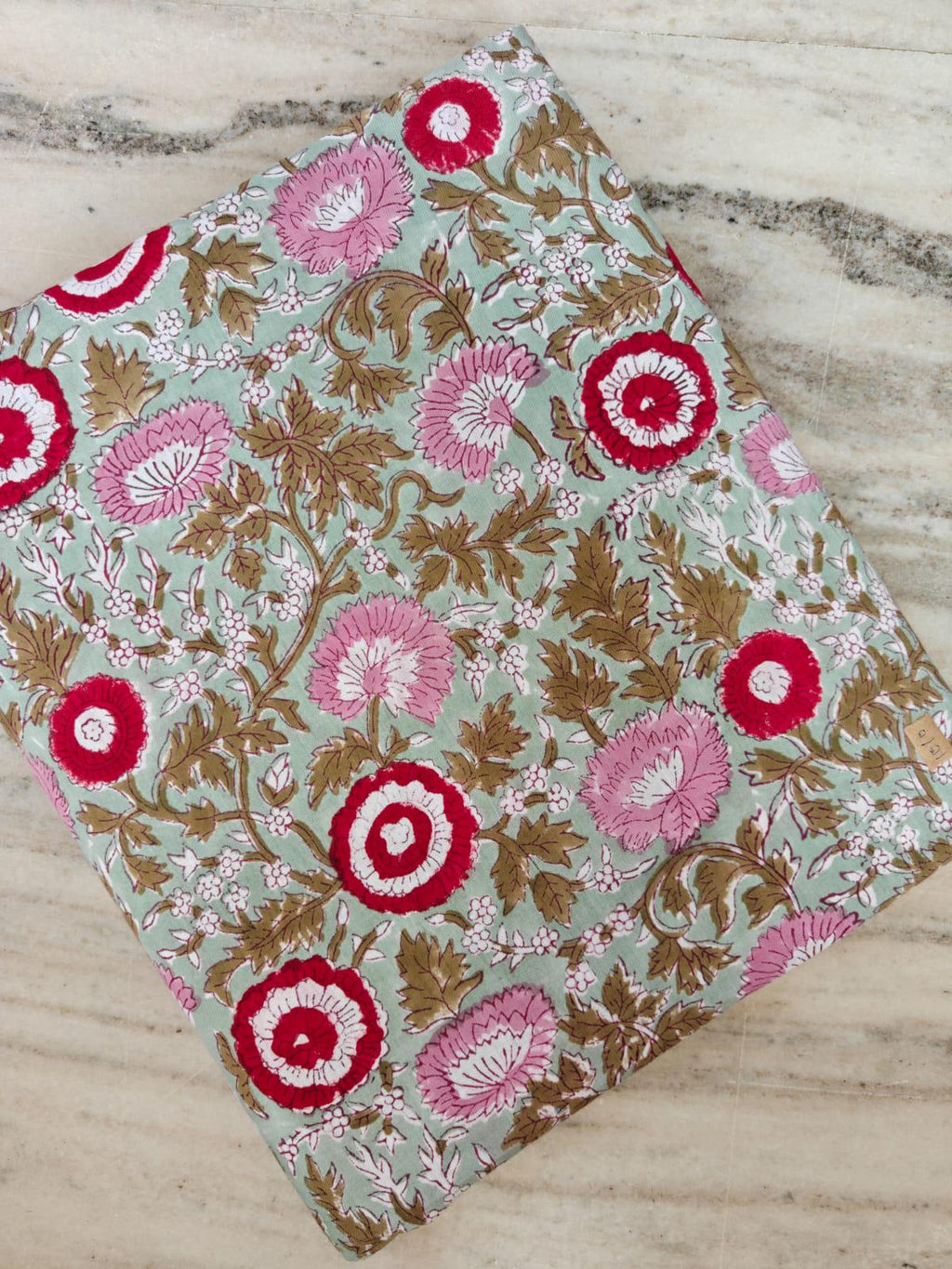Sage Green Floral Cotton Fabric, Hand Block Print Red Pink Flower Vine, Indian Cotton Fabric by the Yard, Loose Running Fabric, Napkins