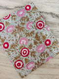 Sage Green Floral Cotton Fabric, Hand Block Print Red Pink Flower Vine, Indian Cotton Fabric by the Yard, Loose Running Fabric, Napkins