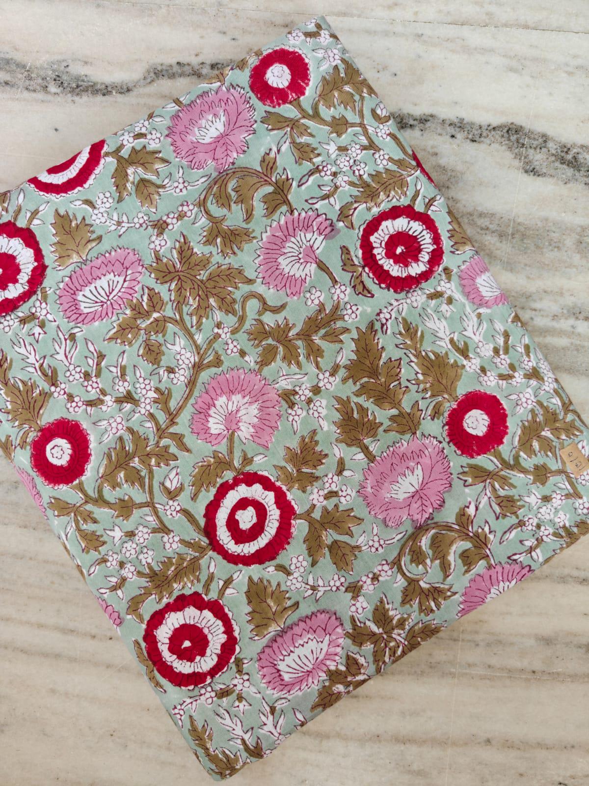Sage Green Floral Cotton Fabric, Hand Block Print Red Pink Flower Vine, Indian Cotton Fabric by the Yard, Loose Running Fabric, Napkins