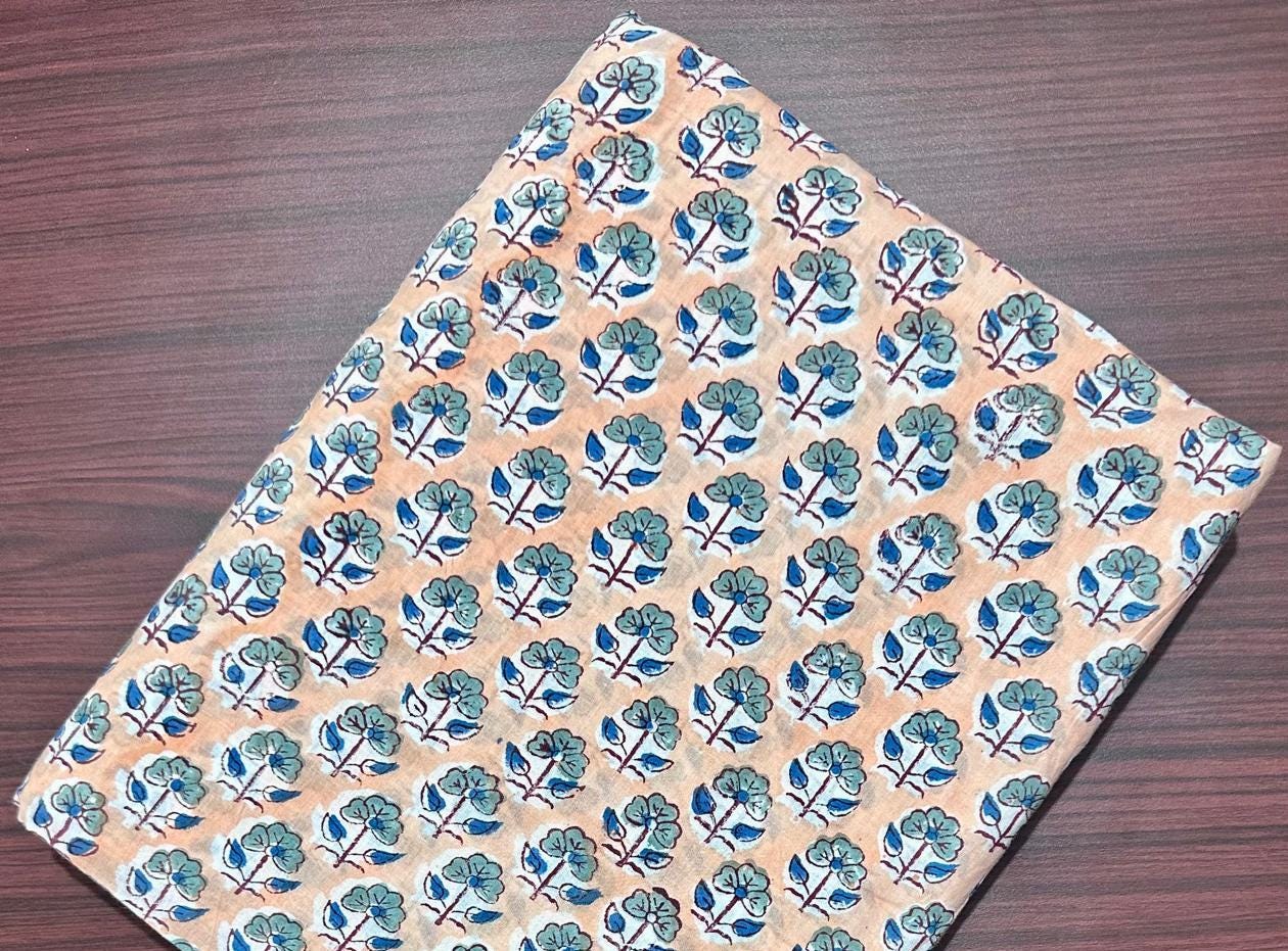 Beige Floral Hand Block Print Cotton Fabric, Indian Block Printed Cotton by Yard, Blue Flower Ethnic Fabric for Dressmaking, Quilting Crafts