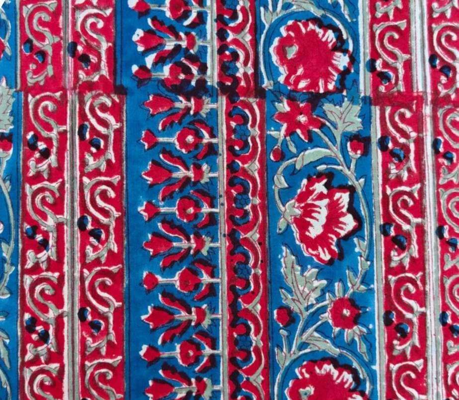 Boho Red & Teal Floral Stripe Cotton Fabric, Indian Handblock Style Print, Vintage Ethnic Textile, Quilting Dressmaking Craft Fabric