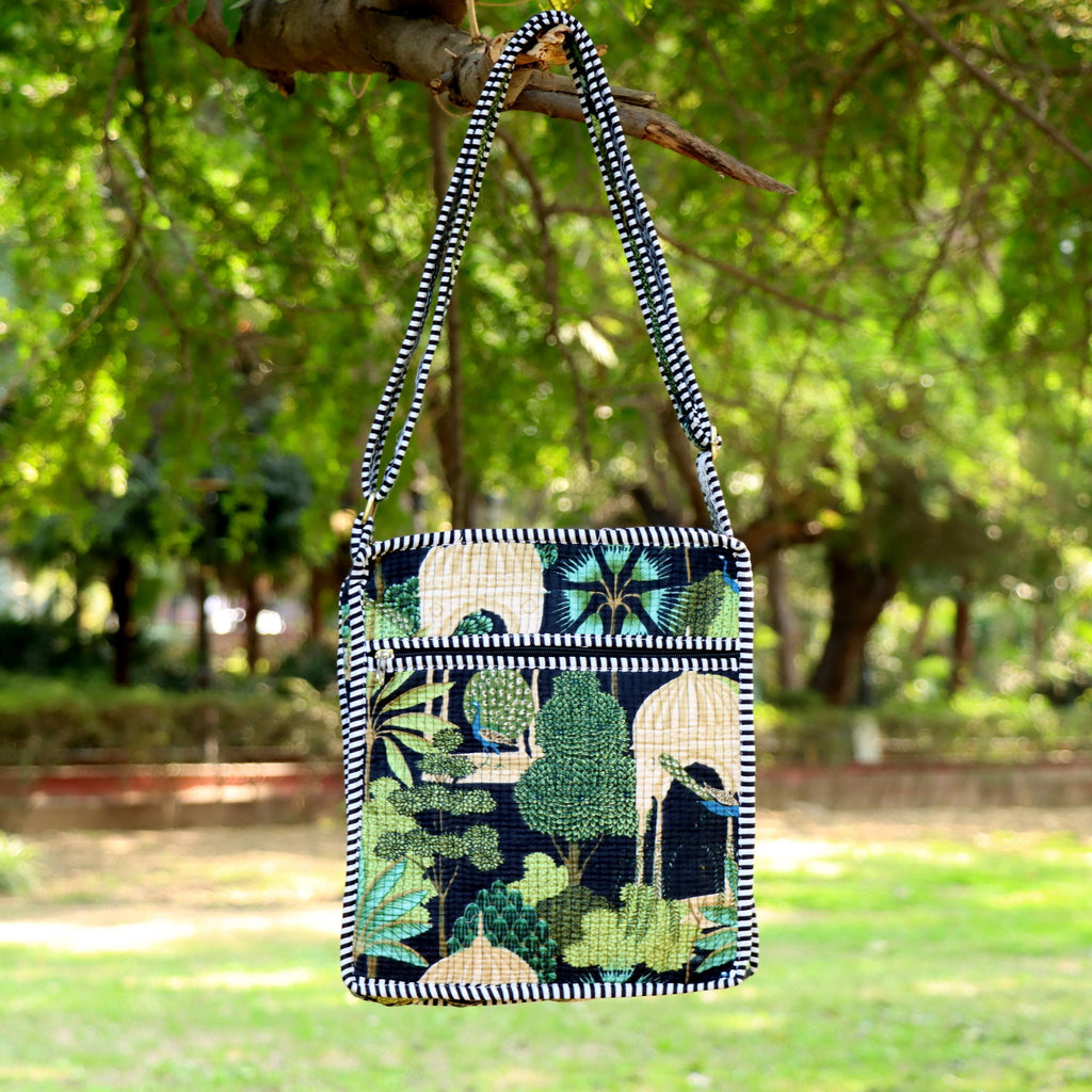 Quilted Crossbody Sling Bag, Handmade Cotton Shoulder Bag, Forest Print Small Travel Pouch, Lightweight Zip Purse for Women Adjustable Strap