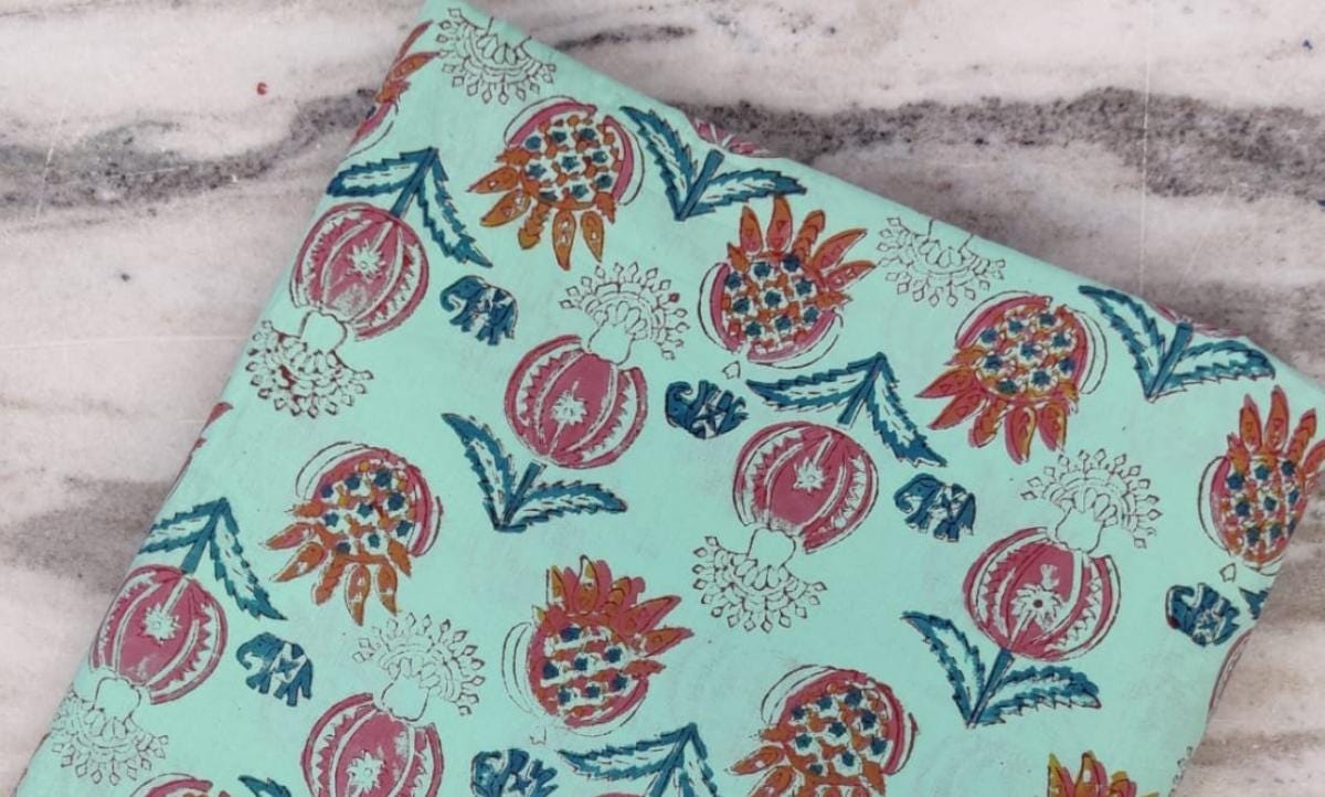 Mint Green Floral Cotton Fabric: Hand Block Print, Quilting & Sewing