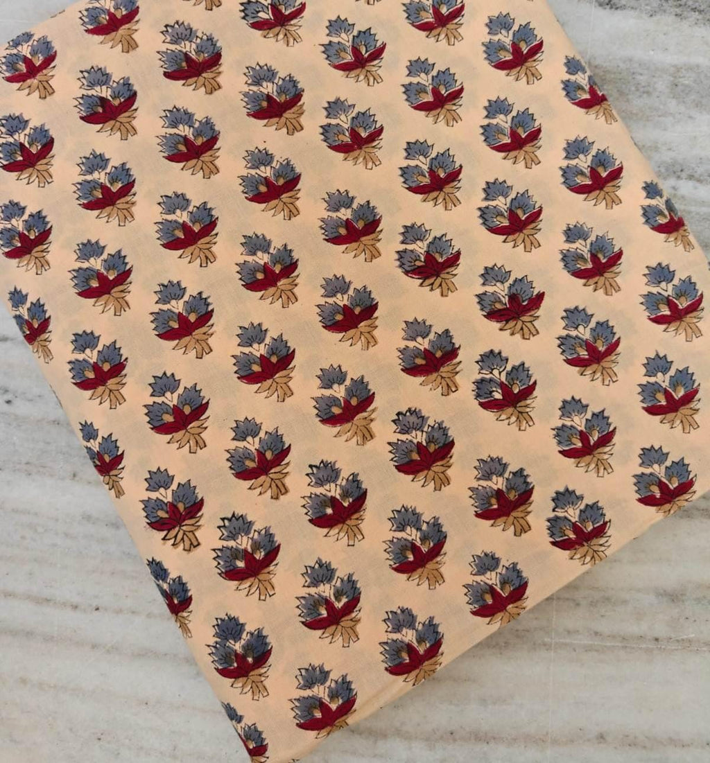 Beige Floral Cotton Fabric by Yard, Small Red Blue Buti Print, Indian Block Print Cotton, Quilting Sewing Craft Dress Fabric, Loose Running
