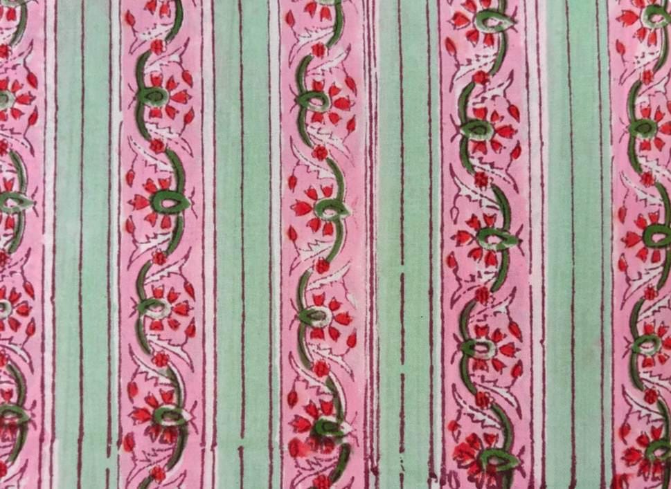 Pink & Mint Green Floral Stripe Cotton Fabric, Hand Block Print Indian Cotton by the Yard, Boho Vine Print for Dressmaking Quilting, Napkins