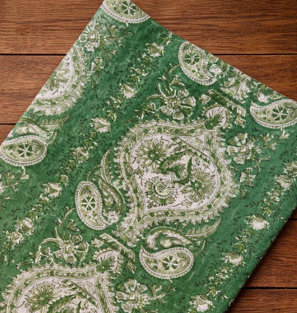 Green Paisley Floral Cotton Fabric by the Yard, Indian Block Print Cotton Cloth, Soft Cotton Fabric for Sewing, Quilting, Dressmaking
