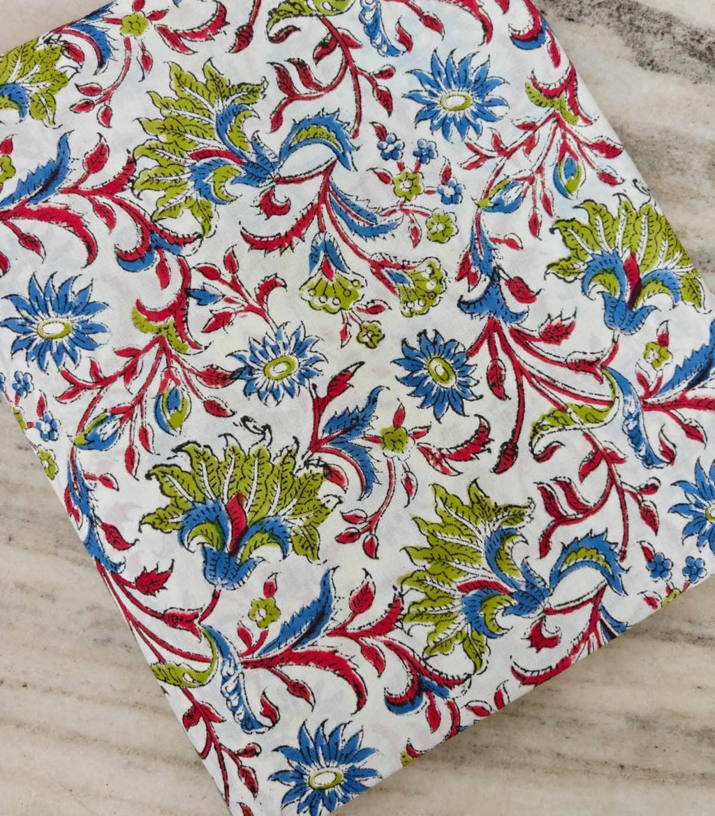 Floral Cotton Fabric, Block Print Fabric, Indian Hand Block Print Fabric, Boho Flower Fabric, Red Blue Green Fabric by Yard, Craft Fabric