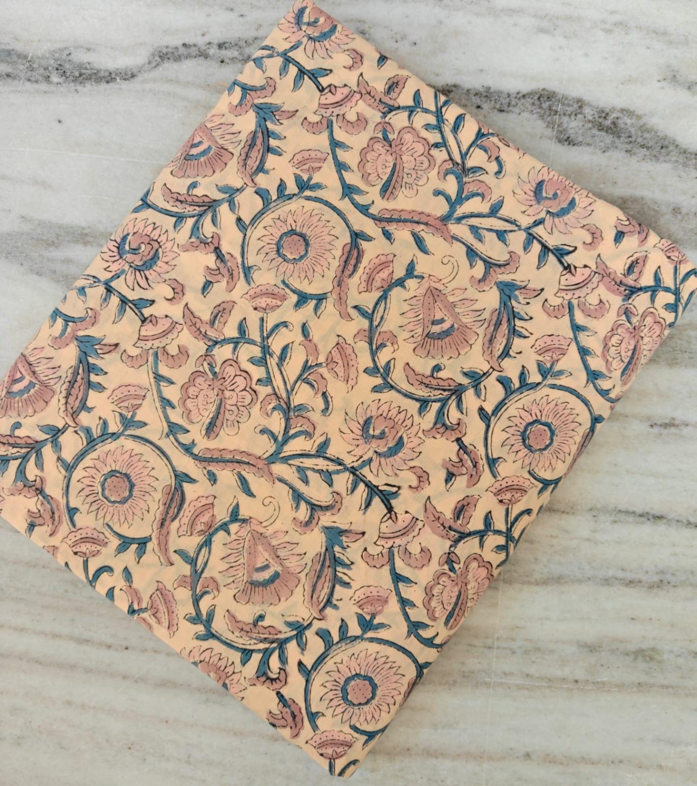 Hand Block Print Cotton Fabric, Peach Background with Blue Vines Floral Fabric, Dress Making Fabric by the Yard, Quilting & Apparel Fabric